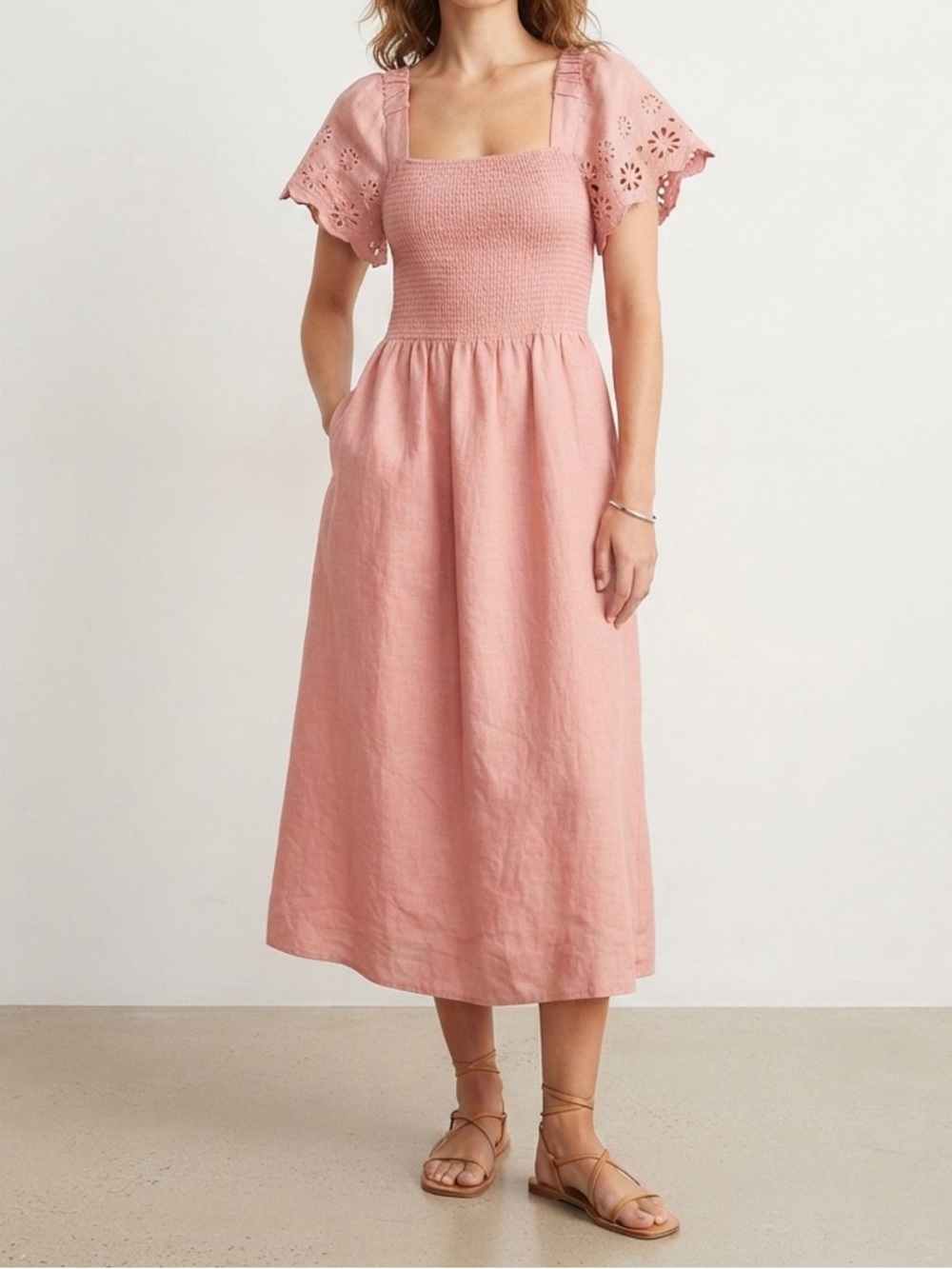 Madewell Pink Midi Dress with Smocked Bodice & Eyelet Sleeves